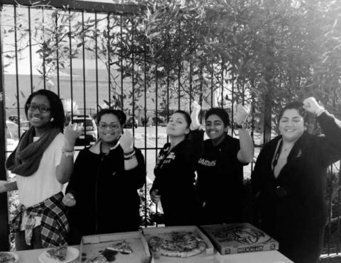 The girls from Lotus House spent New Year's Day 2015 delivering pizza to the homeless on LA's Skid Row. From left to right Raneshia, Andrea, Alex, Jayci, and Victoria.